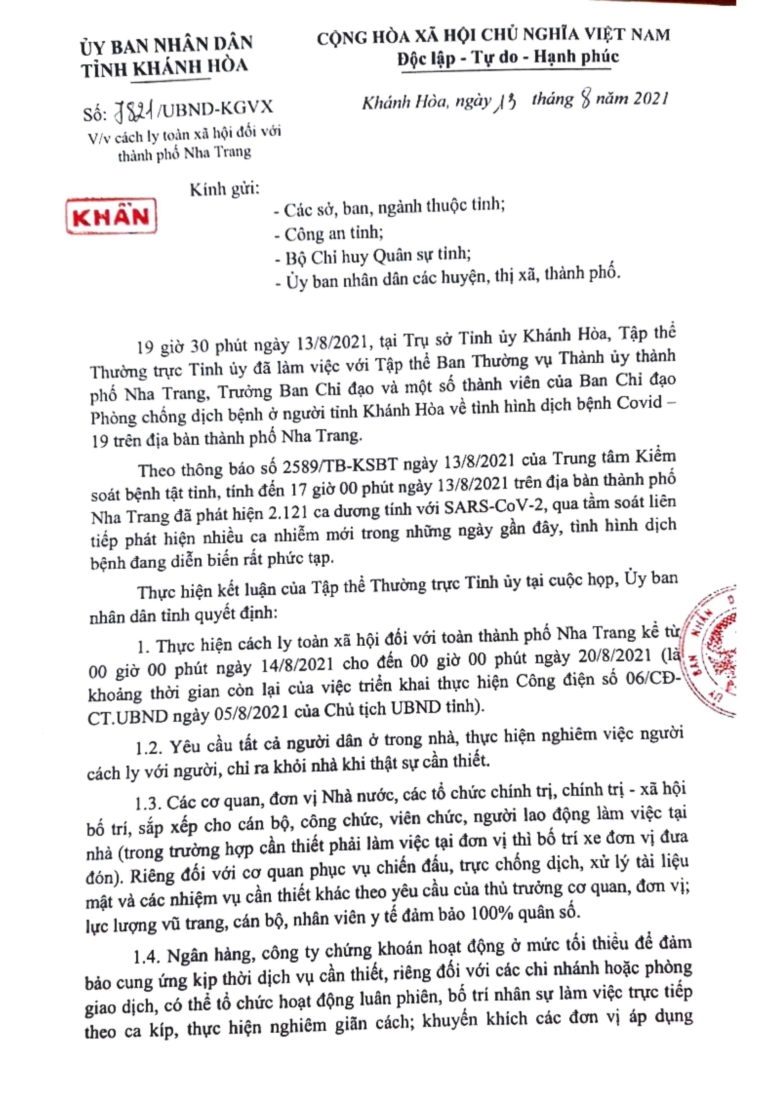 Cách ly toàn xã hội đối với TP. Nha Trang từ 0 giờ ngày 14/8/2021 đến 0 giờ ngày 20/8/2021